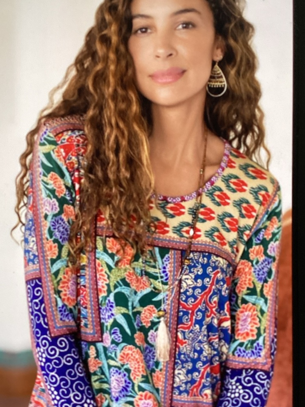 Johnny Was Long Sleeve Floral Patchwork Top in Green, Blue, Purple, Red